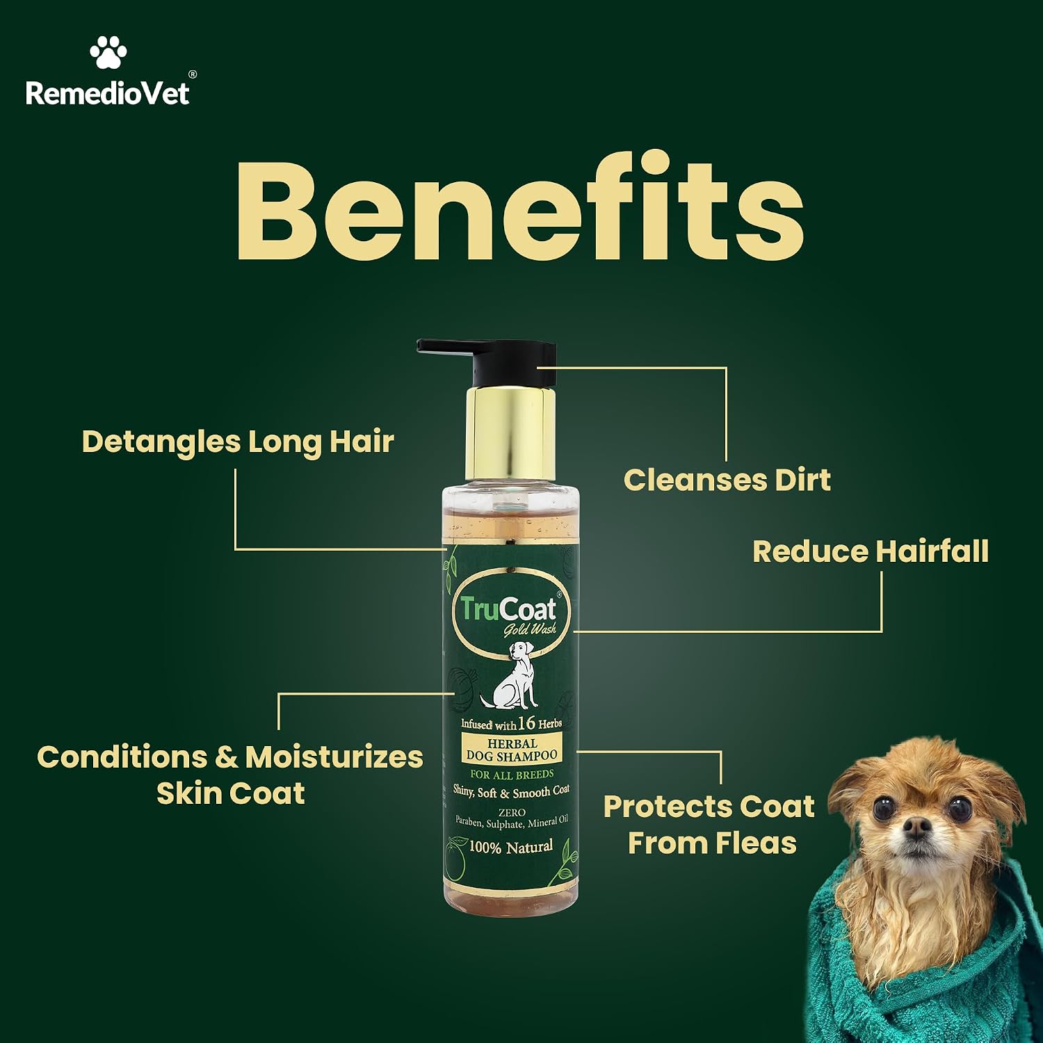 Trucoat Goldwash Herbal Dog Shampoo – 110ml | Anti-Itch, Tear-Free Formula with Sandalwood, Bhringraj & Aloe Vera for Soft, Shiny Coat & Mild Fragrance