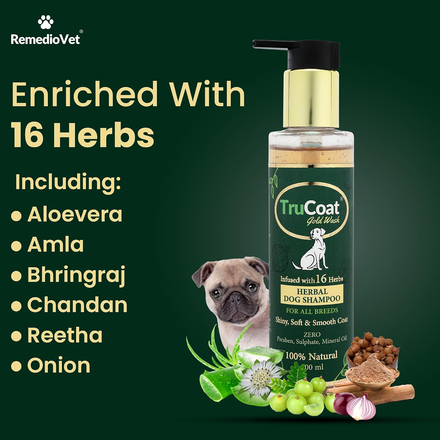 Trucoat Goldwash Herbal Dog Shampoo – 110ml | Anti-Itch, Tear-Free Formula with Sandalwood, Bhringraj & Aloe Vera for Soft, Shiny Coat & Mild Fragrance