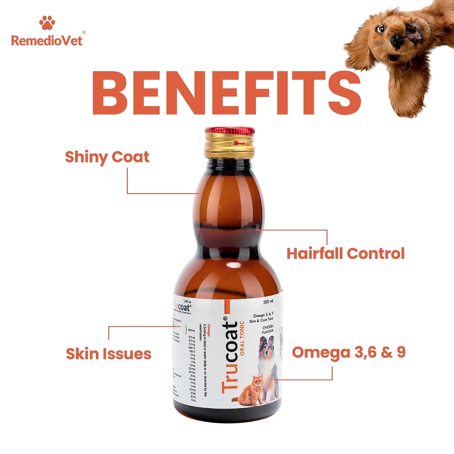 Trucoat Skin & Coat Syrup for Dogs & Cats 200ml for 2 Bottle | Omega 3-6-9 Enriched | Reduces Hairfall & Dryness | Chicken Flavour Supplement for Healthy Skin