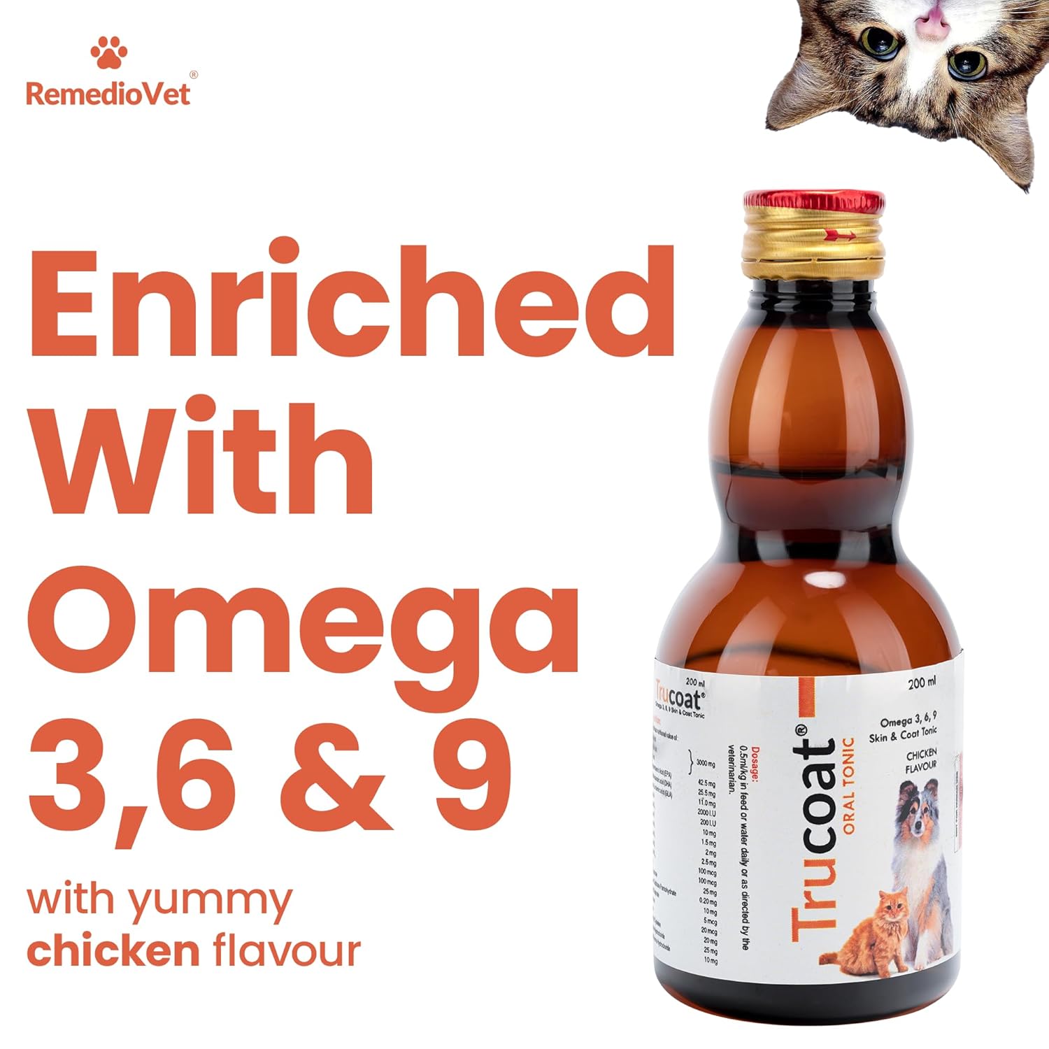 Trucoat Skin & Coat Syrup for Dogs & Cats 200ml for 2 Bottle | Omega 3-6-9 Enriched | Reduces Hairfall & Dryness | Chicken Flavour Supplement for Healthy Skin