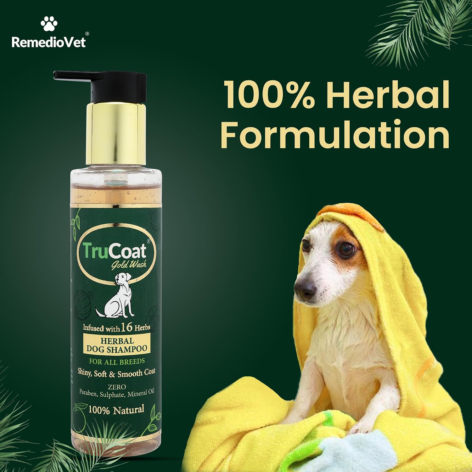 Trucoat Goldwash Herbal Dog Shampoo – 110ml | Anti-Itch, Tear-Free Formula with Sandalwood, Bhringraj & Aloe Vera for Soft, Shiny Coat & Mild Fragrance