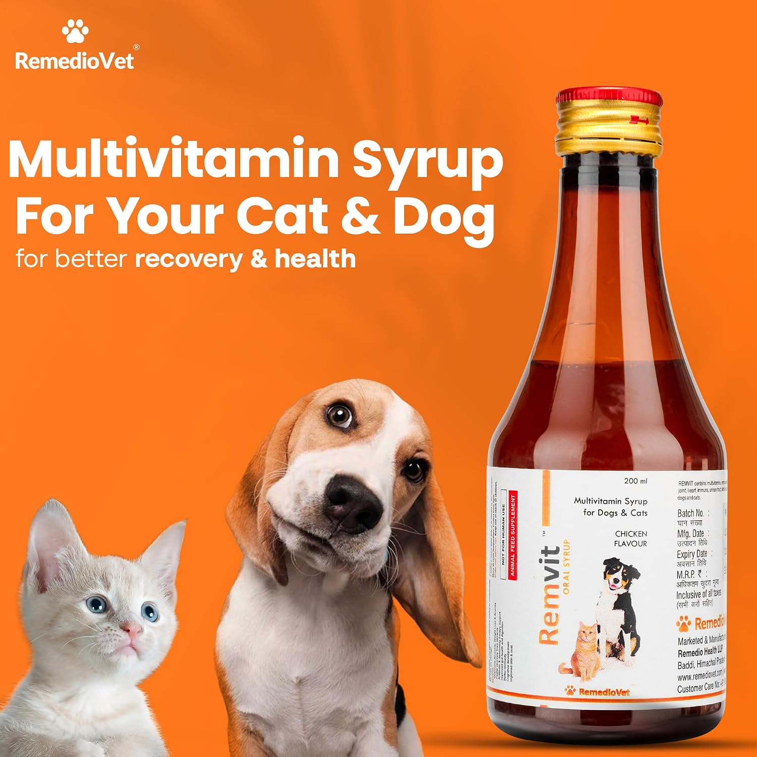 Remvit Multivitamin Syrup for Dogs & Cats – 200ml | Chicken Flavour | Supports Growth, Digestion & Immunity | Enriched with Essential Vitamins & Minerals