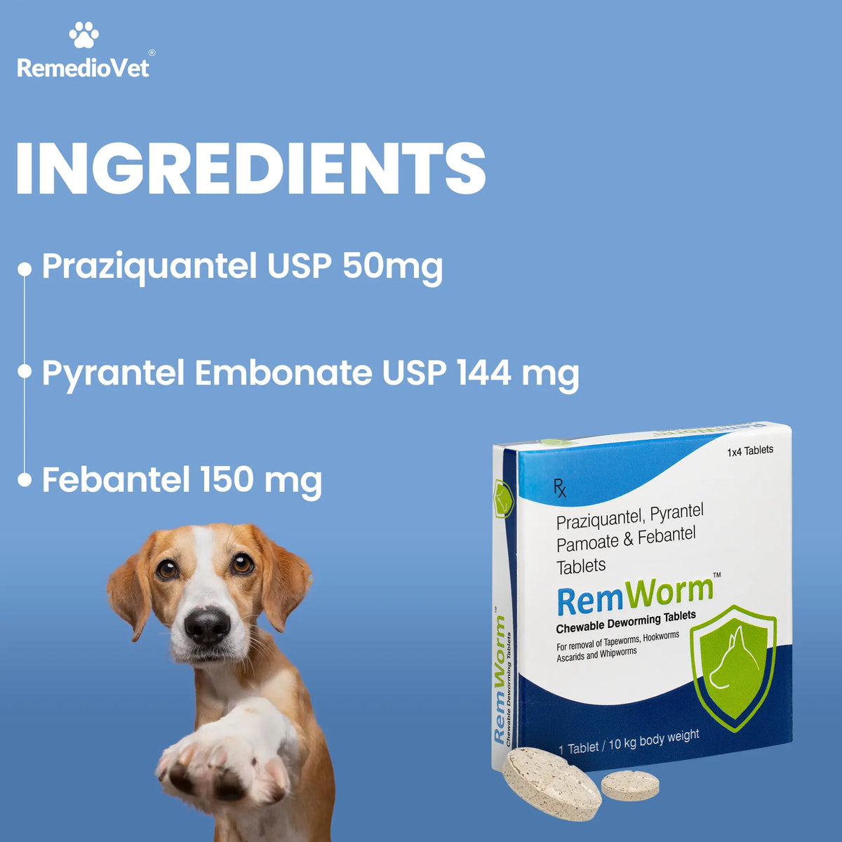 RemWorm Chewable Deworming Tablets for Dogs | Praziquantel, Pyrantel & Febantel | 4 Tablets
